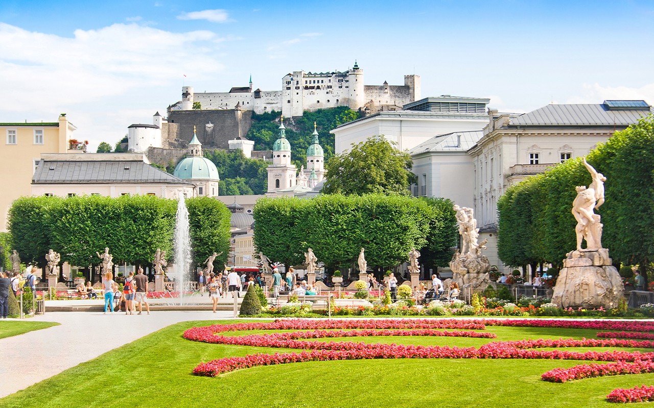 Mirabell gardens with a view of the Hohen fortress, Salzburg